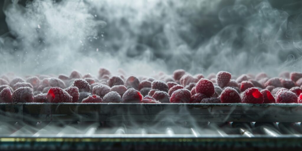 Raspberries freezing on conveyor belt in food processing factory.